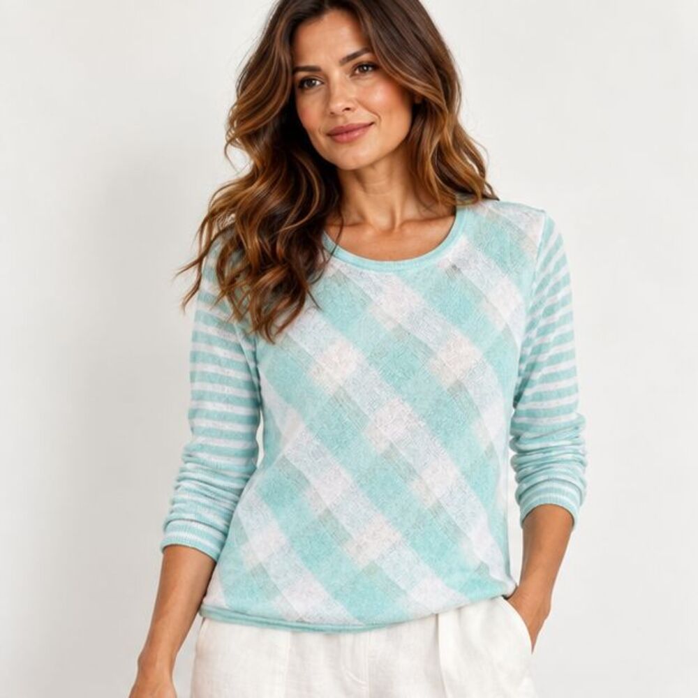 Belford Womens S 100% Linen Aqua White Diagonal Stripe Long Sleeve Knit Sweater
